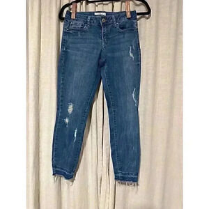 DEX brand size 27 distressed tapered dark blue woman’s jean 85% cotton stretch